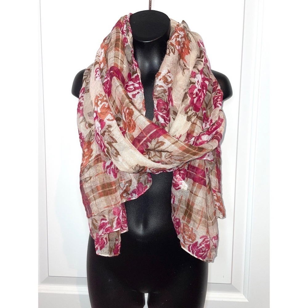 Pretty wrap around scarf, plaid pattern overlaid w/ pink and red floral motifs